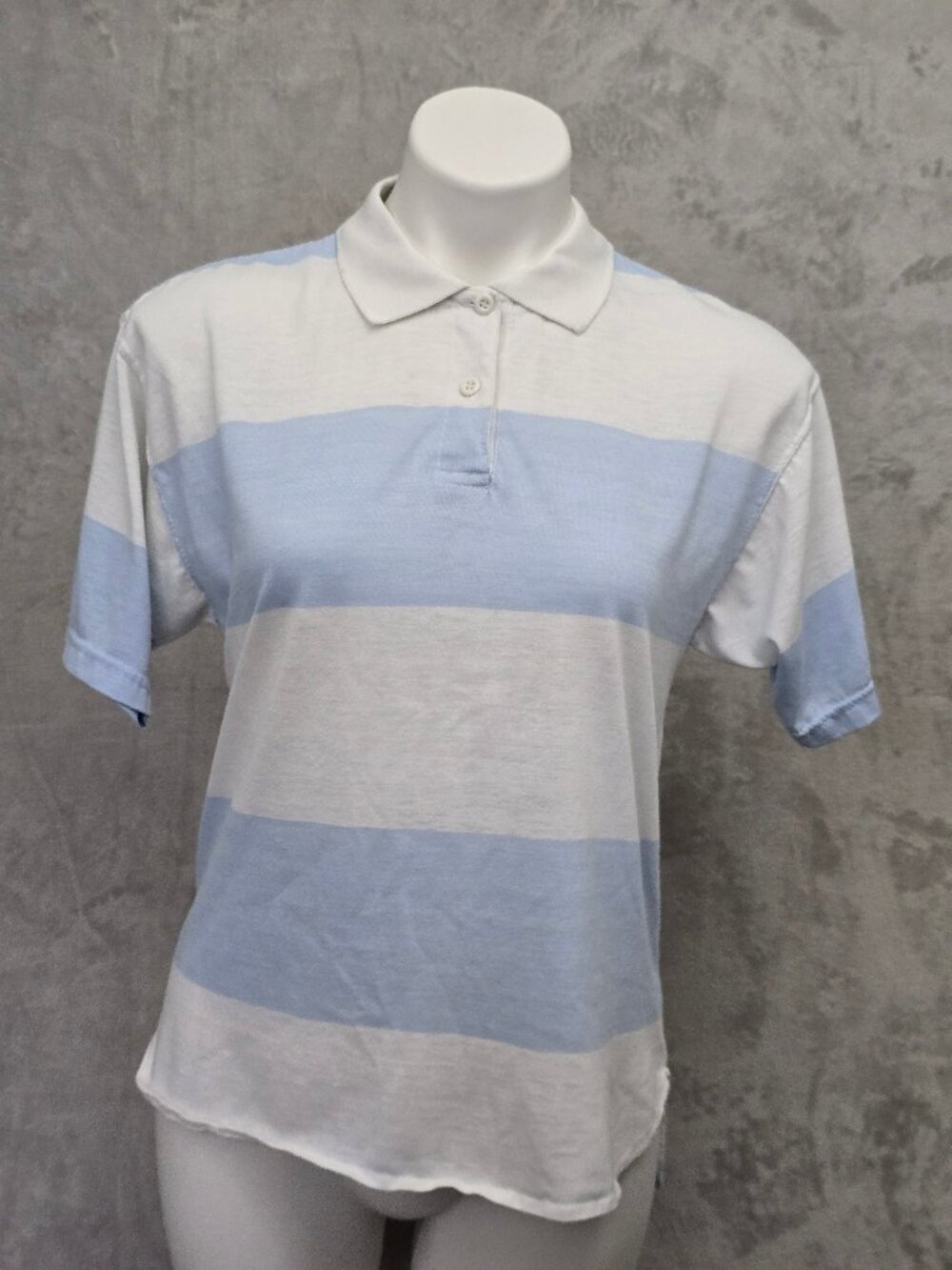 Vintage Energie Blue White Striped Polo Top High Low Hem Size L 80s Preppy